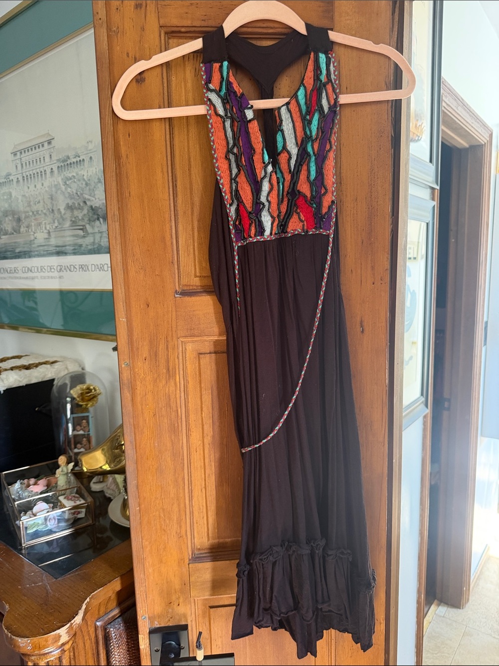 T-Bags Black Midi Dress with Multicolor Embroidered Bodice